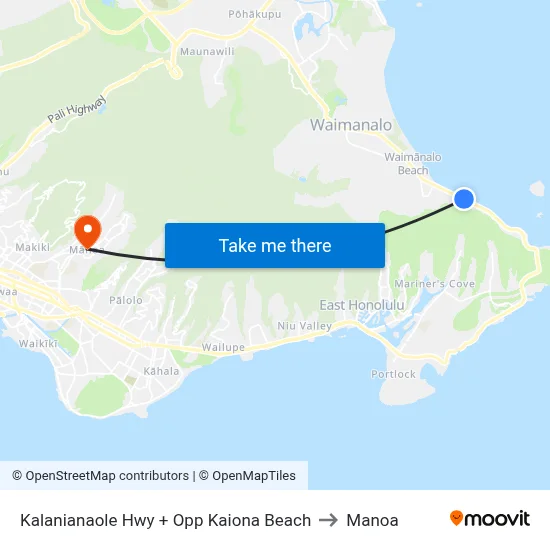 Kalanianaole Hwy + Opp Kaiona Beach to Manoa map