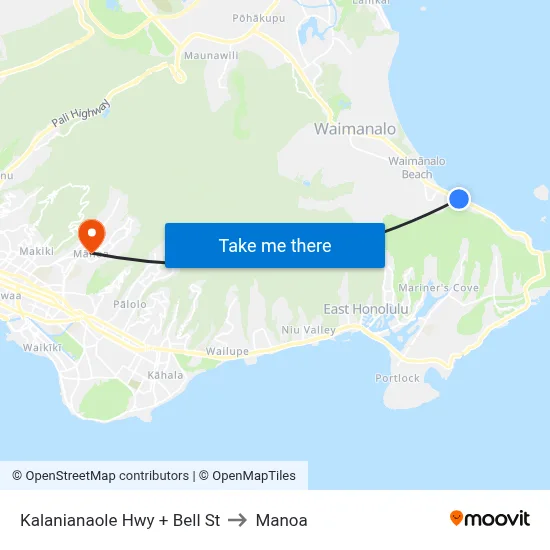 Kalanianaole Hwy + Bell St to Manoa map