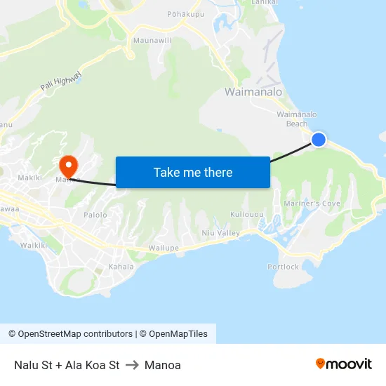 Nalu St + Ala Koa St to Manoa map
