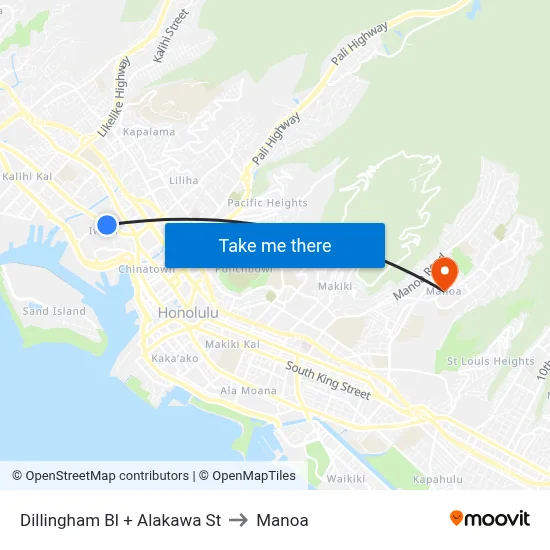 Dillingham Bl + Alakawa St to Manoa map