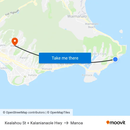 Kealahou St + Kalanianaole Hwy to Manoa map