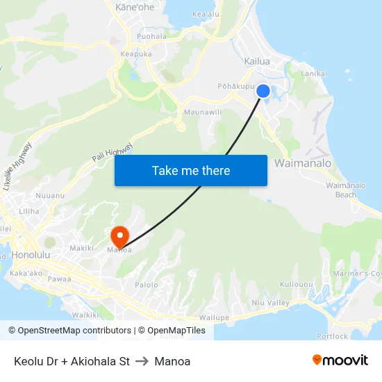 Keolu Dr + Akiohala St to Manoa map