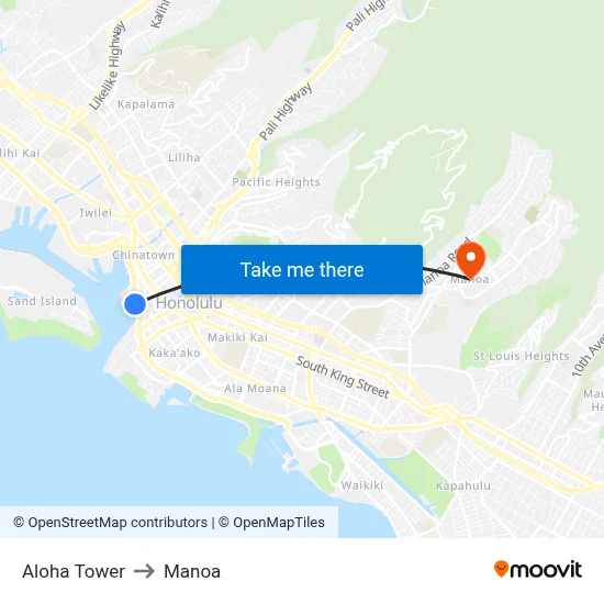Aloha Tower to Manoa map