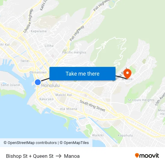 Bishop St + Queen St to Manoa map