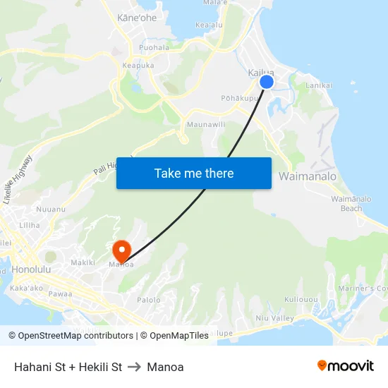 Hahani St + Hekili St to Manoa map