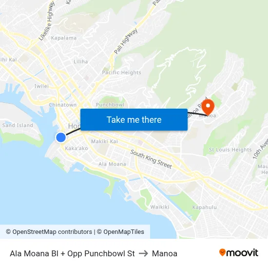 Ala Moana Bl + Opp Punchbowl St to Manoa map
