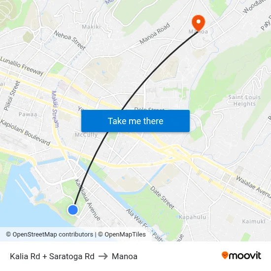 Kalia Rd + Saratoga Rd to Manoa map