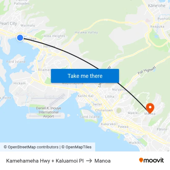 Kamehameha Hwy + Kaluamoi Pl to Manoa map