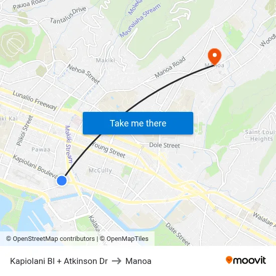 Kapiolani Bl + Atkinson Dr to Manoa map
