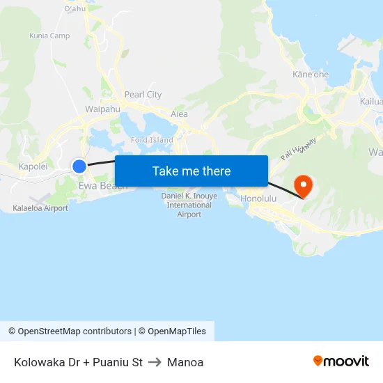 Kolowaka Dr + Puaniu St to Manoa map