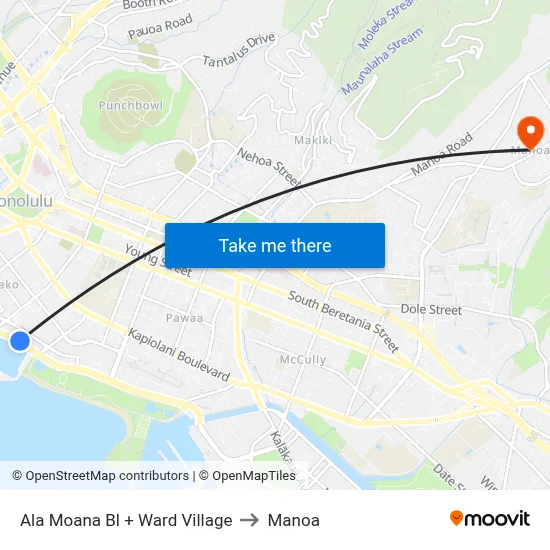 Ala Moana Bl + Ward Village to Manoa map