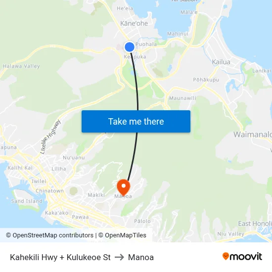 Kahekili Hwy + Kulukeoe St to Manoa map