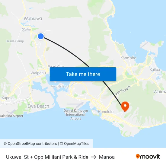 Ukuwai St + Opp Mililani Park & Ride to Manoa map