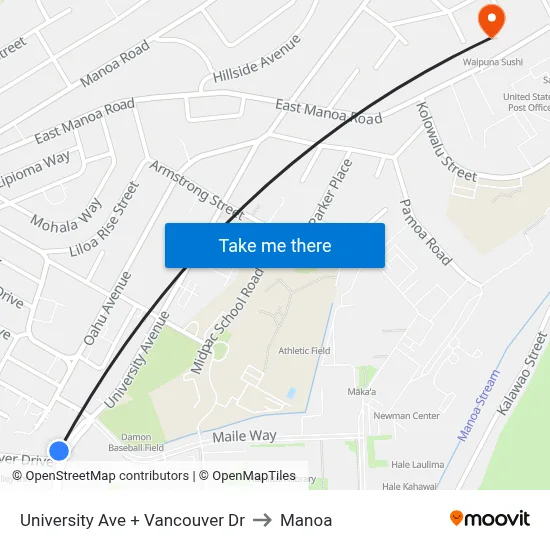 University Ave + Vancouver Dr to Manoa map