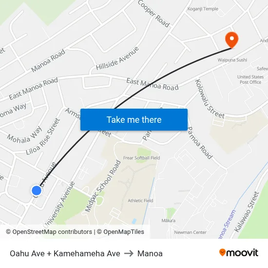 Oahu Ave + Kamehameha Ave to Manoa map