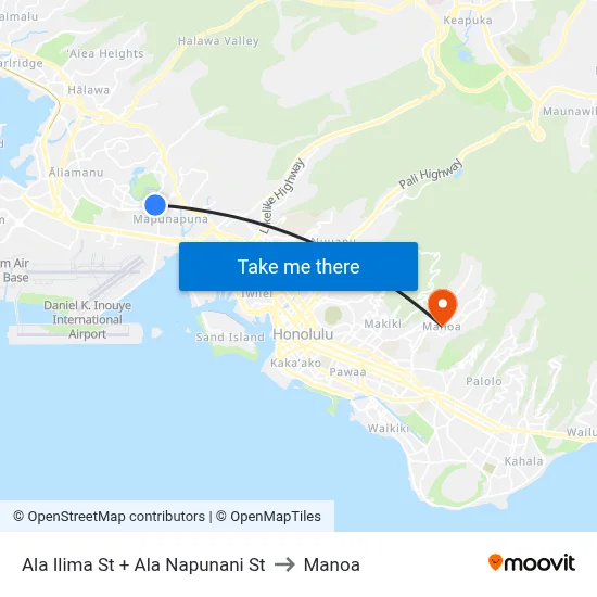 Ala Ilima St + Ala Napunani St to Manoa map
