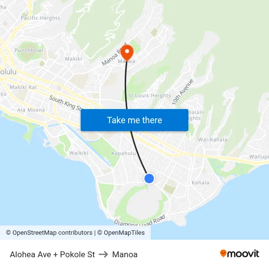 Alohea Ave + Pokole St to Manoa map