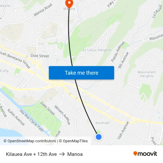 Kilauea Ave + 12th Ave to Manoa map