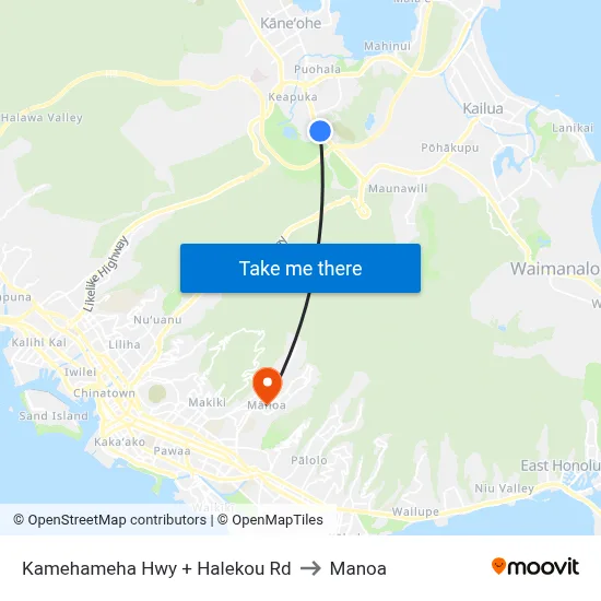 Kamehameha Hwy + Halekou Rd to Manoa map