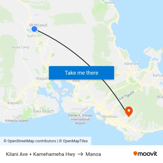 Kilani Ave + Kamehameha Hwy to Manoa map