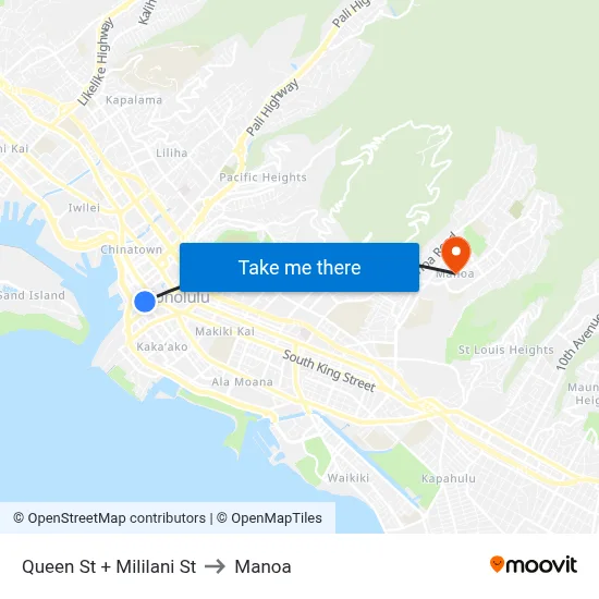 Queen St + Mililani St to Manoa map