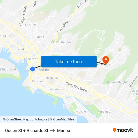 Queen St + Richards St to Manoa map