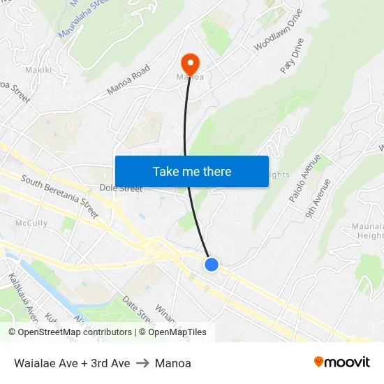 Waialae Ave + 3rd Ave to Manoa map