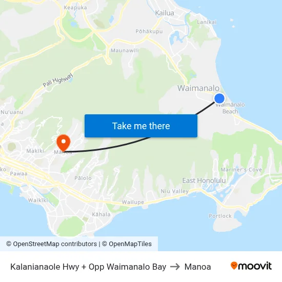 Kalanianaole Hwy + Opp Waimanalo Bay to Manoa map