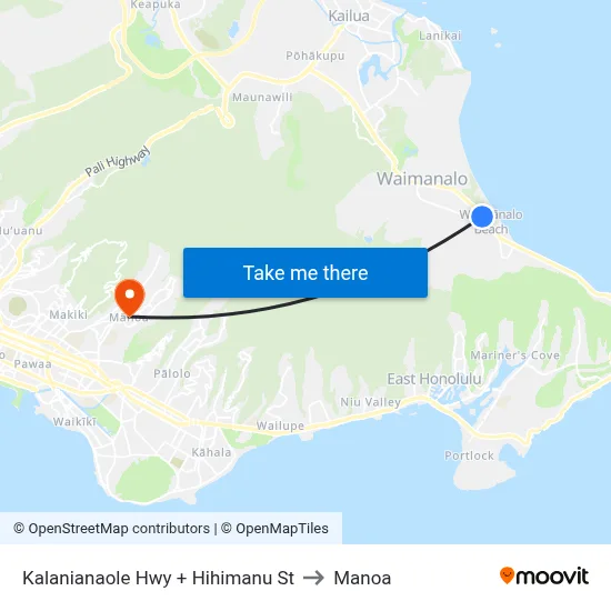 Kalanianaole Hwy + Hihimanu St to Manoa map