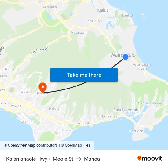 Kalanianaole Hwy + Moole St to Manoa map