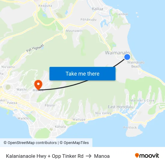 Kalanianaole Hwy + Opp Tinker Rd to Manoa map