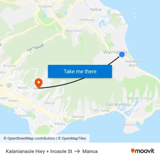 Kalanianaole Hwy + Inoaole St to Manoa map