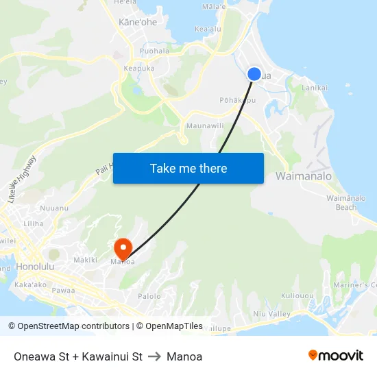 Oneawa St + Kawainui St to Manoa map