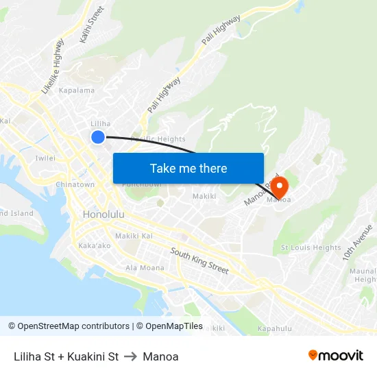 Liliha St + Kuakini St to Manoa map