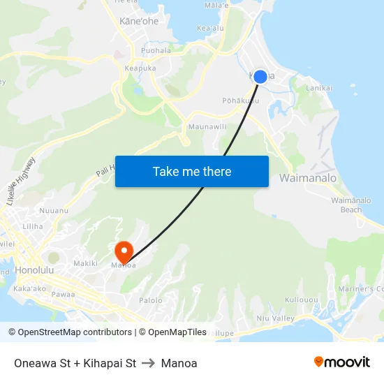 Oneawa St + Kihapai St to Manoa map