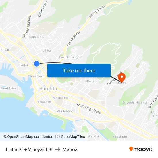 Liliha St + Vineyard Bl to Manoa map