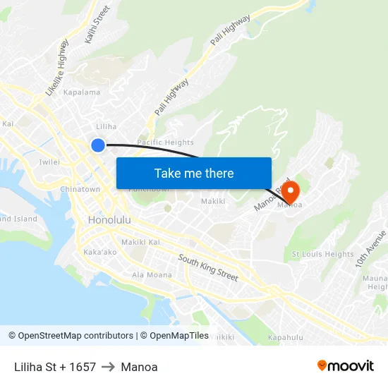 Liliha St + 1657 to Manoa map