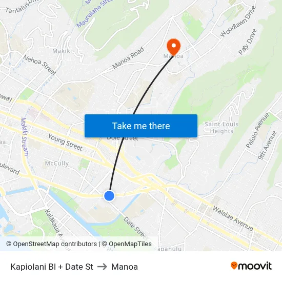 Kapiolani Bl + Date St to Manoa map