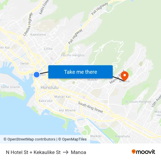 N Hotel St + Kekaulike St to Manoa map