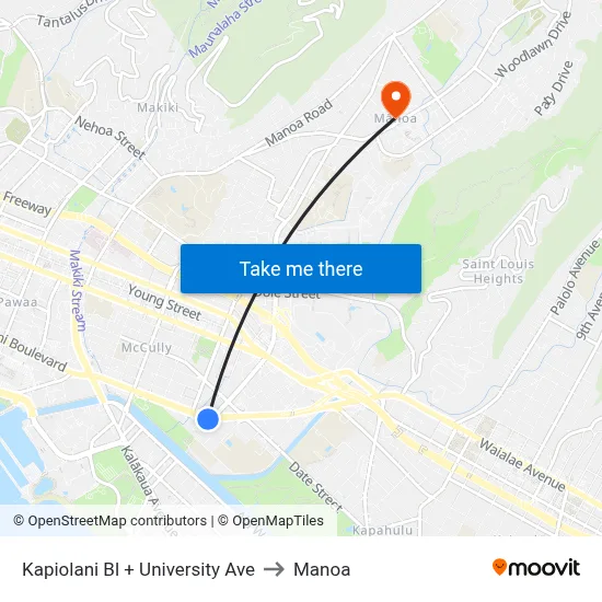 Kapiolani Bl + University Ave to Manoa map