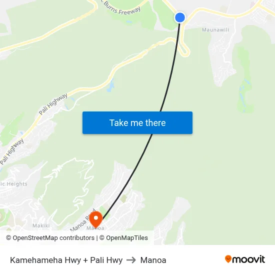 Kamehameha Hwy + Pali Hwy to Manoa map