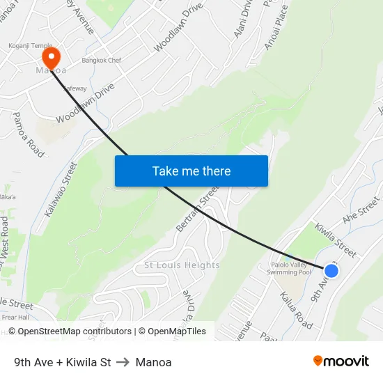 9th Ave + Kiwila St to Manoa map