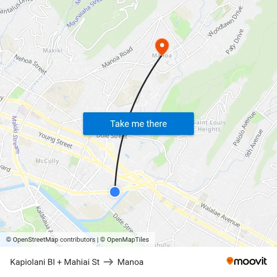 Kapiolani Bl + Mahiai St to Manoa map