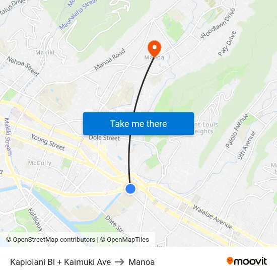 Kapiolani Bl + Kaimuki Ave to Manoa map