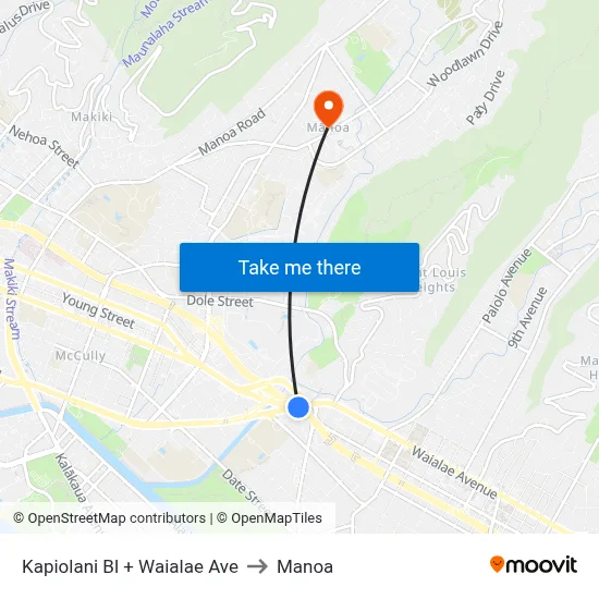 Kapiolani Bl + Waialae Ave to Manoa map