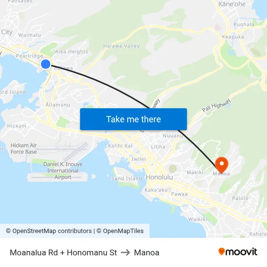 Moanalua Rd + Honomanu St to Manoa map