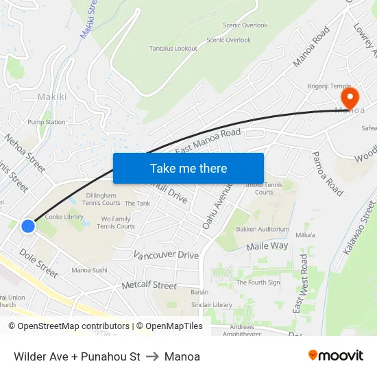 Wilder Ave + Punahou St to Manoa map