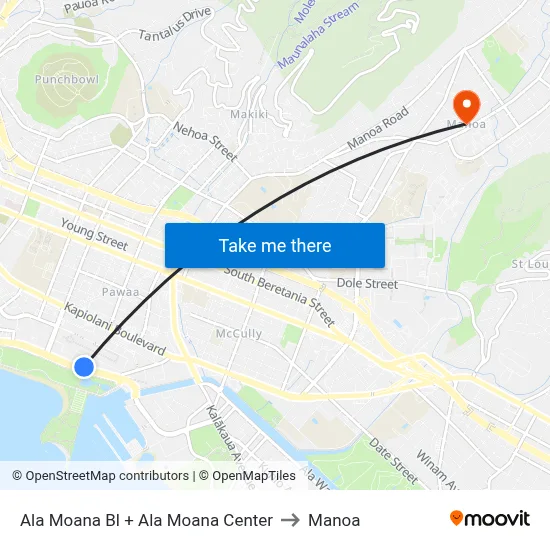 Ala Moana Bl + Ala Moana Center to Manoa map