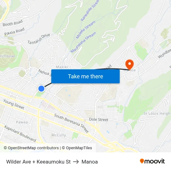 Wilder Ave + Keeaumoku St to Manoa map