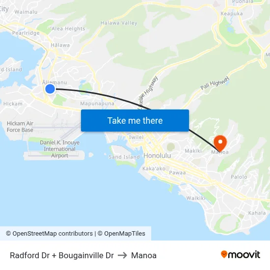 Radford Dr + Bougainville Dr to Manoa map